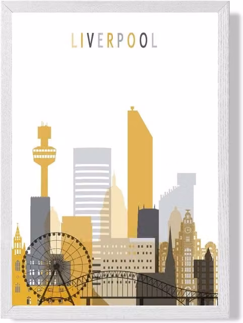 ARTZE Liverpool Yellow and Grey City Skyline Framed Print with White Frame