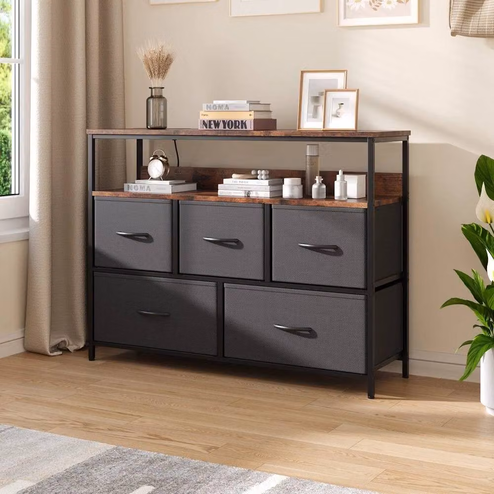 FORGEVIO Black 5 Drawer Fabric Chest of Drawers – 2