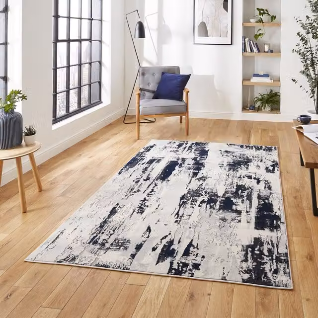 Terrys Modern Abstract Machine Woven Rectangular Rug in Grey and Blue, W: 160 cm, L: 220 cm