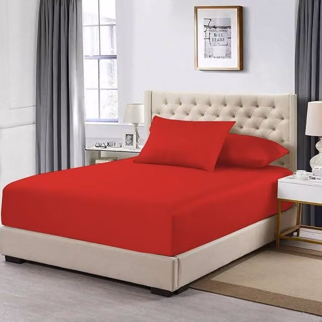 Homes-Linen 100% Egyptian Cotton 200TC Double Fitted Sheet in Red, W/D/H: 140 x 200 x 30 cm – 1