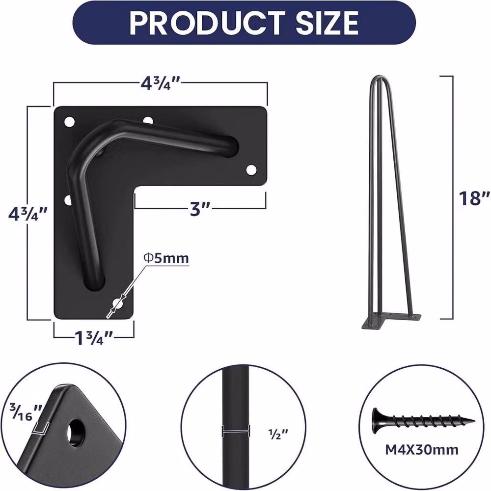 VOGREX Set of 4 Matt Black Steel Hairpin Legs for Furniture, Height: 45.72 cm – 2