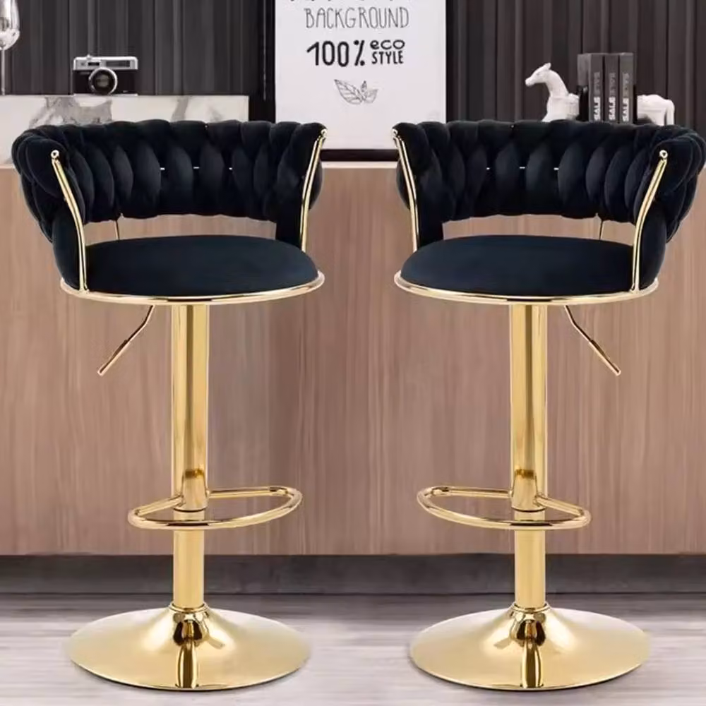 FORGEVIO Set of 2 Black Velvet Adjustable Swivel Breakfast Bar Stools with Gold Metal Accents and Armrests – 4