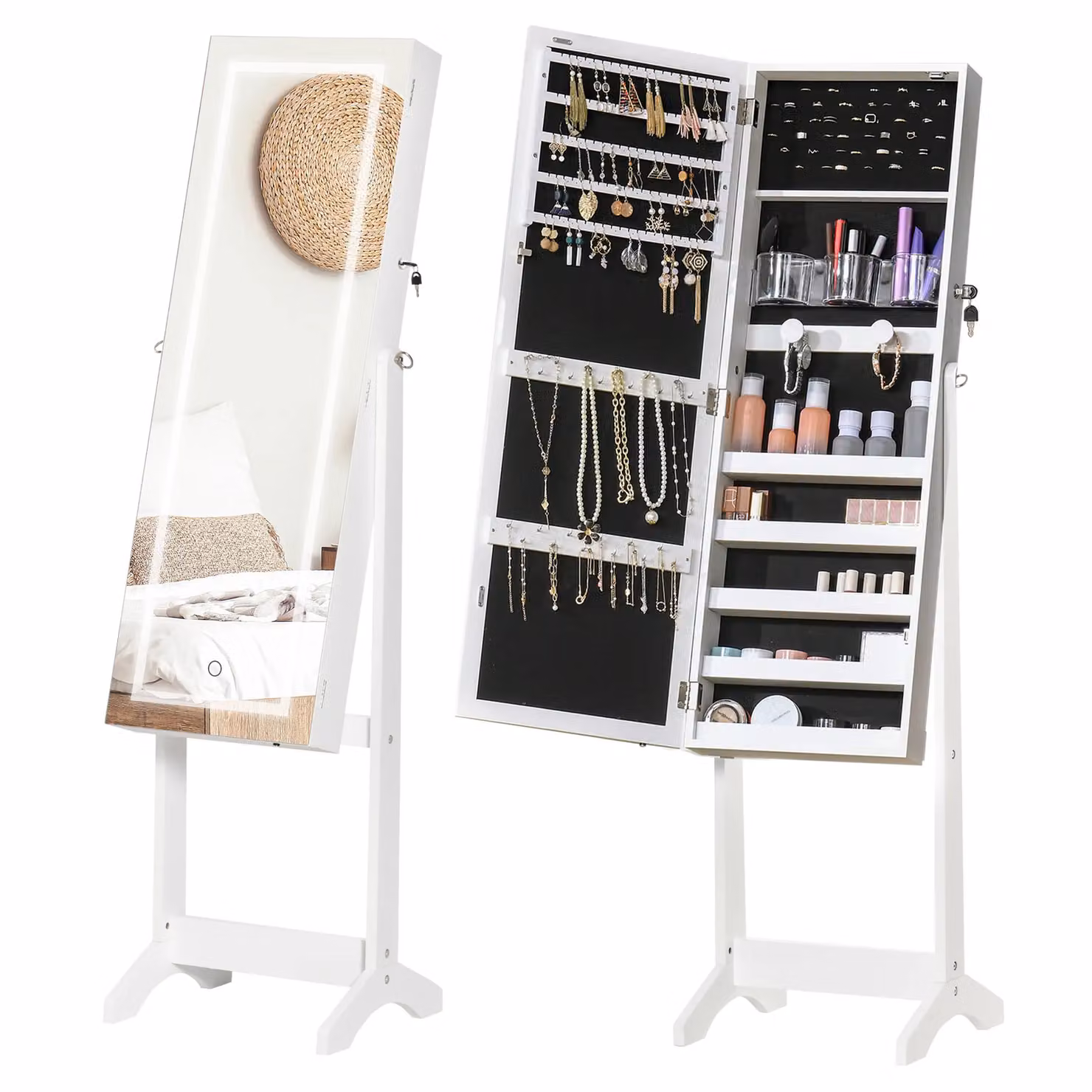 HOMCOM Lockable Jewellery Cabinet with LED Light and Mirror, White, H 151.5 x W 46.0 x D 36.5 cm – 6
