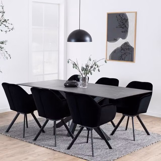 Furniture To Go Heaven Modern Rectangular Ceramic Dining Table in Black with X-Frame Metal Legs