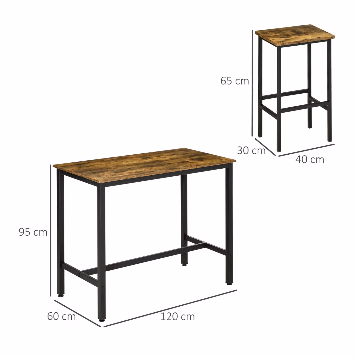 HOMCOM 3 Piece Industrial Breakfast Bar Table Set with 2 Stools in Brown – 3