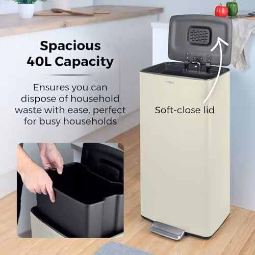 Tower 40L Rectangular Pedal Bin with Removable Inner Bucket and Odour Filter in Black or Beige – 2
