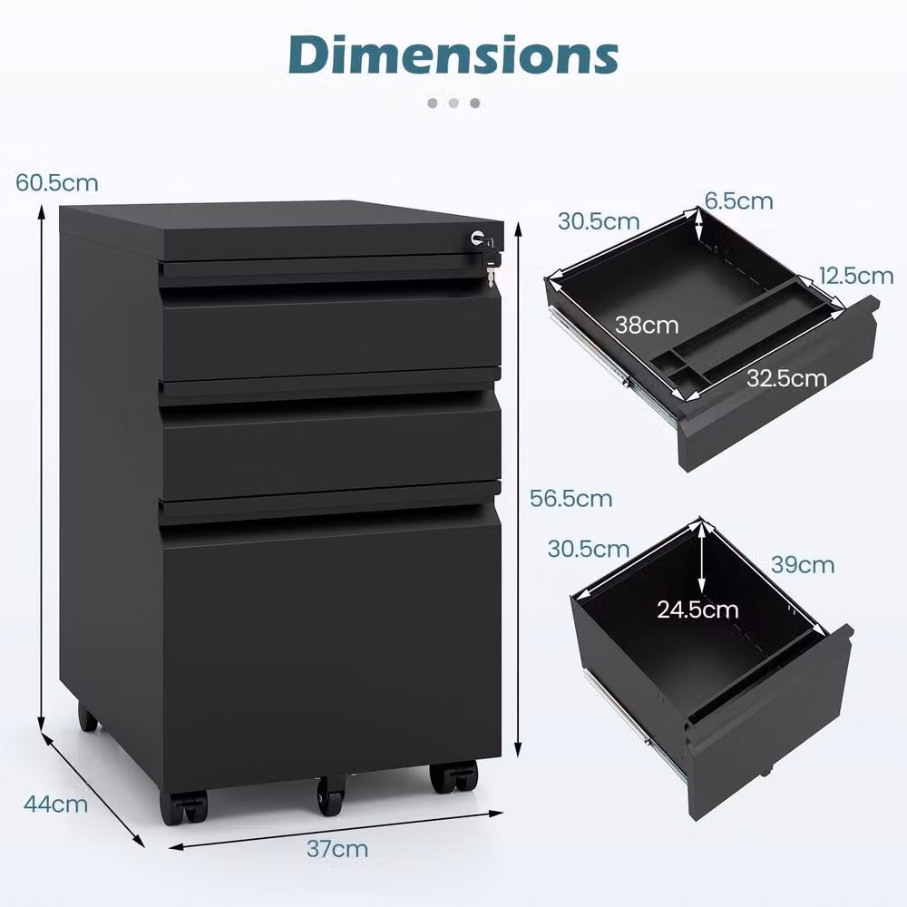 Costway 3-Drawer Mobile Metal Filing Cabinet with Lock and Castors in Black – 2
