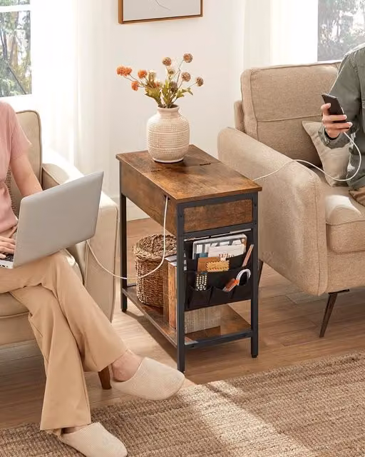 VASAGLE Modern Slim Side Table with Charging Station and USB Ports in Brown
