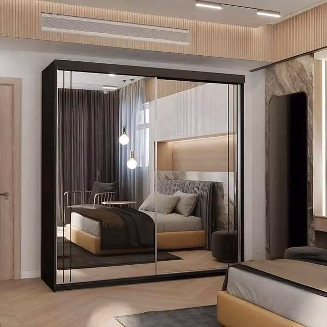 MN Furniture Sudan Sliding Mirror Wardrobe with Integrated LED Lighting, Black, W: 203 cm, H: 217 cm – 1