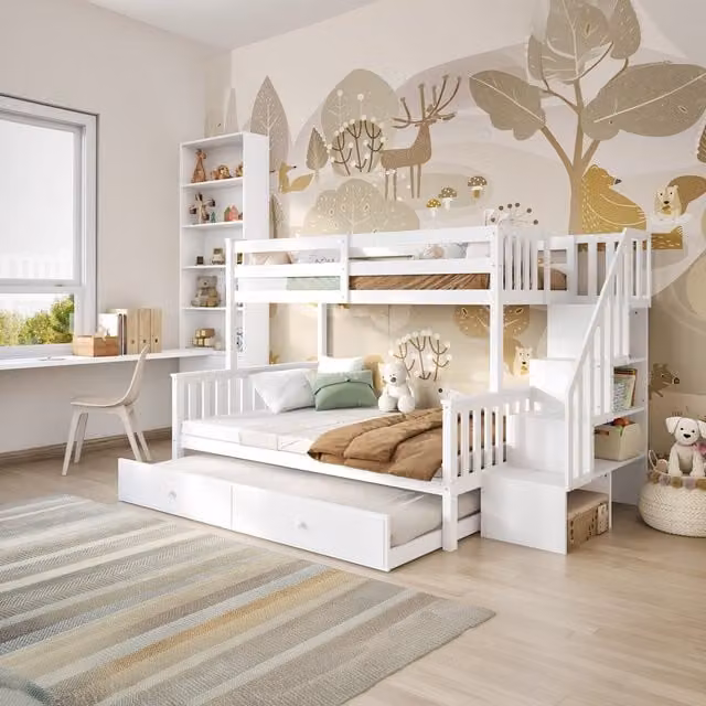 Flair Modern Triple Staircase Bunk Bed with Trundle and Drawers in White