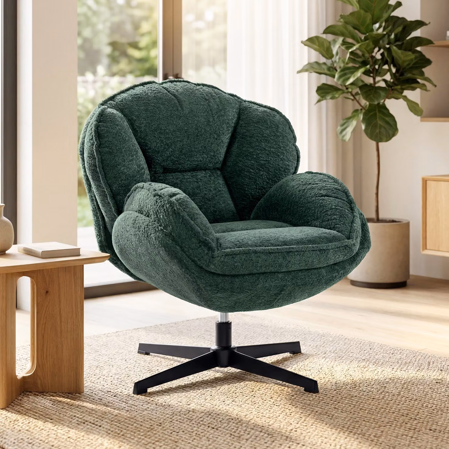 HOMCOM Modern Shell Swivel Accent Chair in Green Velvet with Armrests and Metal Frame – 2