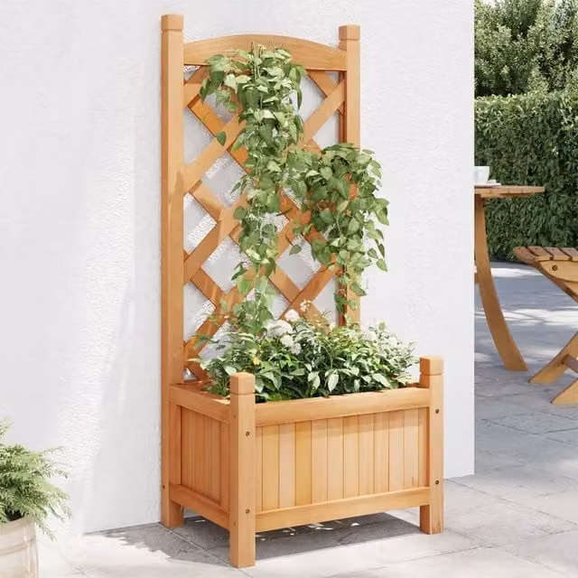 Berkfield Home Brown Solid Wood Fir Planter with Trellis for Climbers