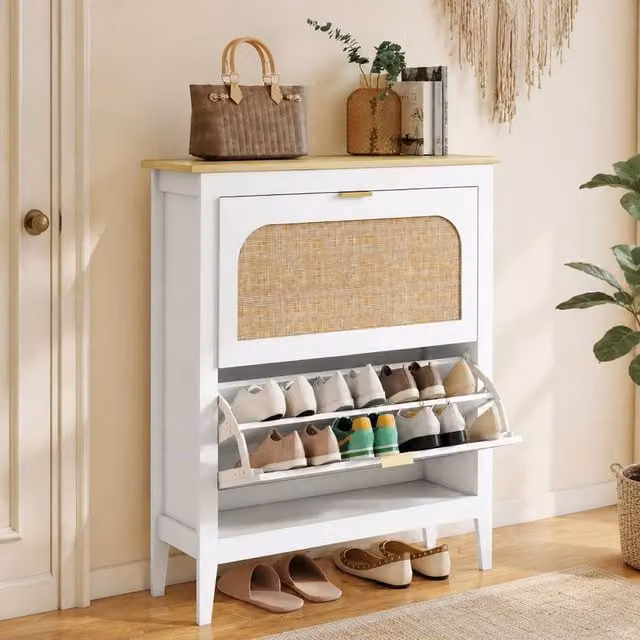 STILVORA White Slim Shoe Cabinet with Rattan Tilting Compartments and Internal Shelves – 1