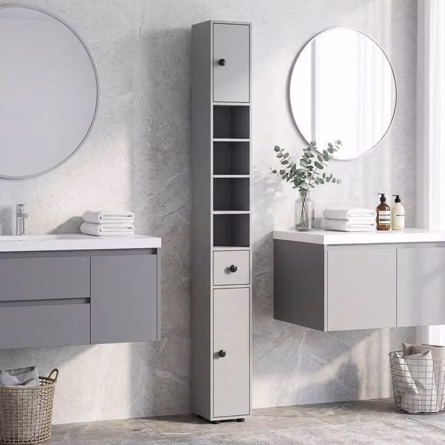 STILVORA Modern Grey Freestanding Bathroom Storage Cabinet with LED Lighting, Internal Shelves and Drawers, H 180 x W 20 x D 20 cm