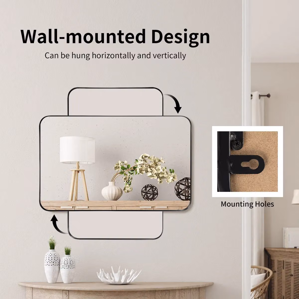 Costway Modern Rectangular Black Metal Bathroom Wall Mirror with Rounded Corners, W: 81 cm, H: 51 cm – 2