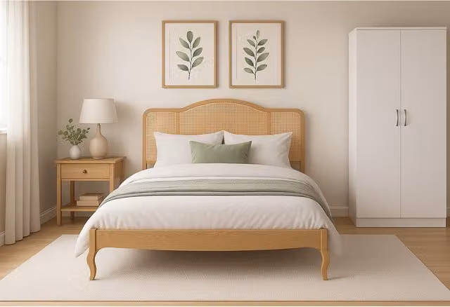 Home Treats Brown Wooden Rattan Bed Frame with Spring Mattress, W/D/H: 180 x 200 cm
