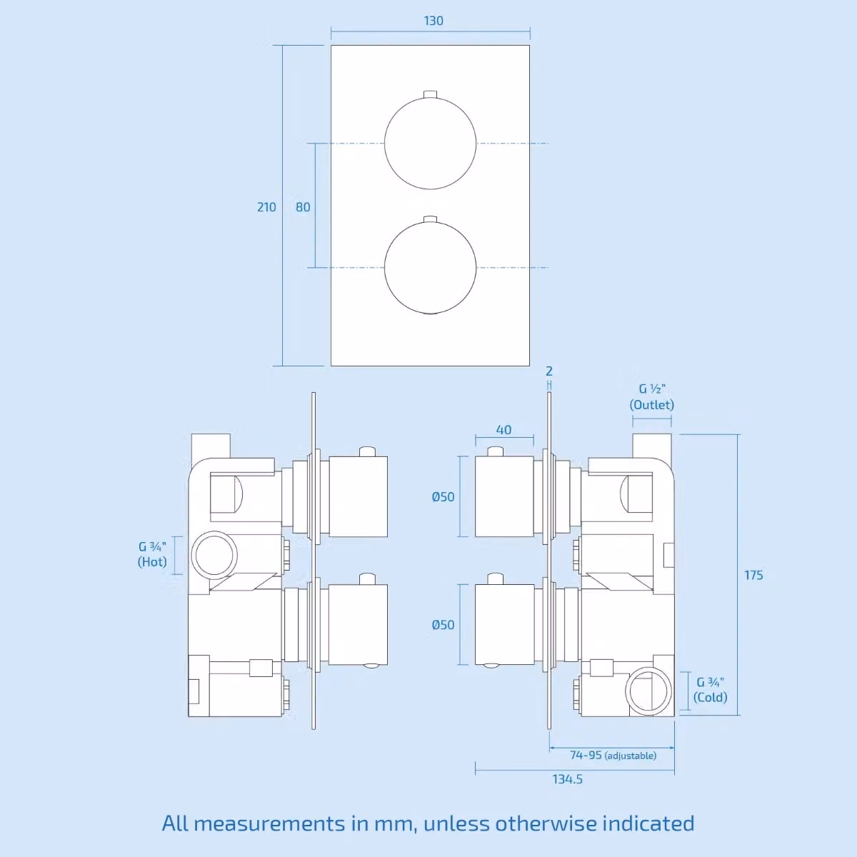 Nes Home Matt Black Concealed Thermostatic Round Shower Valve with 2 Dials and 1 Outlet – 3