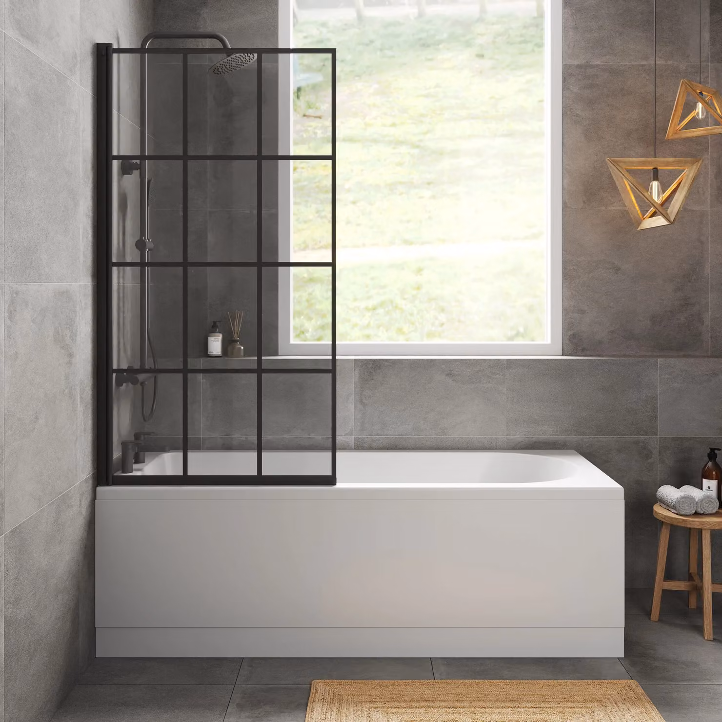 Balterley Round Floor Standing Bath Set in White with Black Square Screen and Black Waste, W/D/H: 170 x 70 x 3 cm – 2