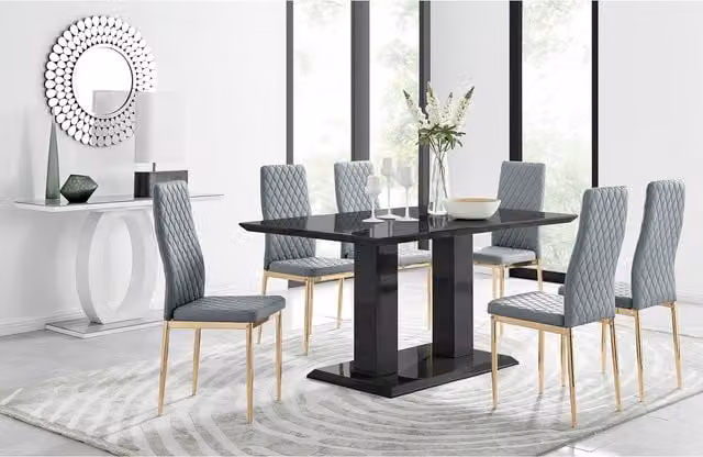 FurnitureboxUK Imperia Black Glass Dining Table and 6 Milan Gold Leg Chairs in Grey