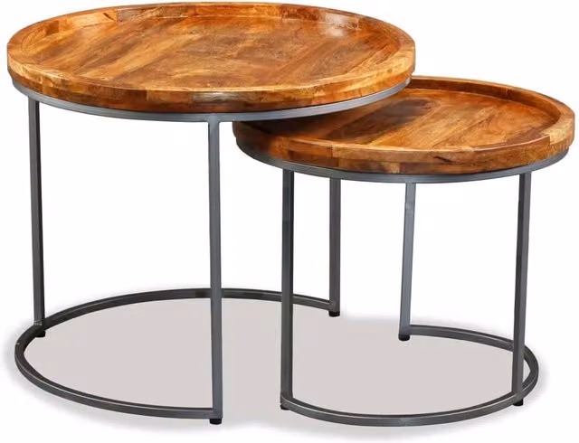 Berkfield Home Set of 2 Round Nesting Side Tables in Brown Lacquered Mango Wood