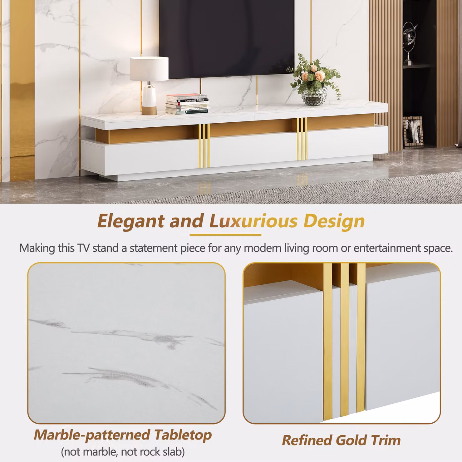 Aosom Luxury White TV Stand with Faux Marble Top and 3 Drawers, Golden Panel Design, W: 200 cm, D: 40 cm, H: 42 cm – 3