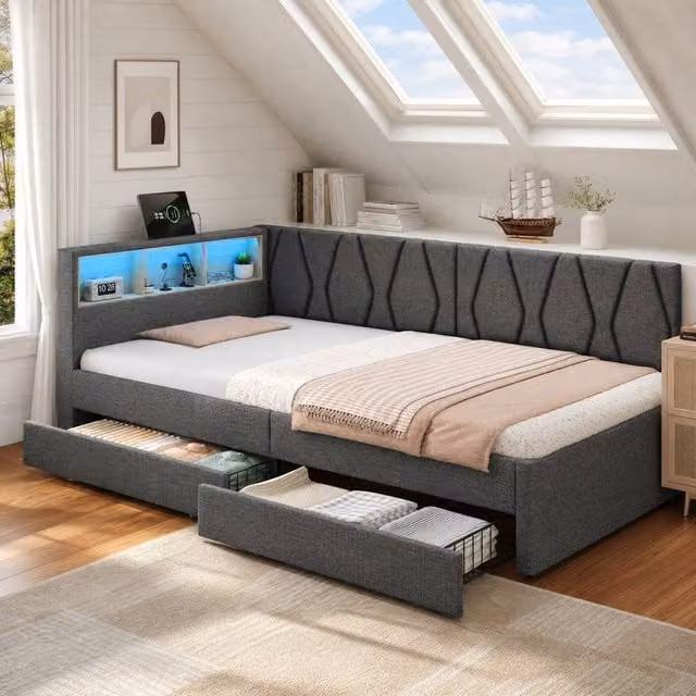 STILVORA Single Bed Frame with Storage Drawers and USB Charging Port in Grey Fabric, W/D/H: 90 x 190 cm – 1