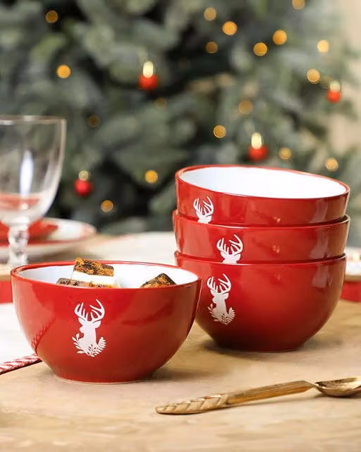 Dibor Set of 6 Red Stag Christmas Stoneware Bowls, Red and White, Diameter: 14.5 cm – 1