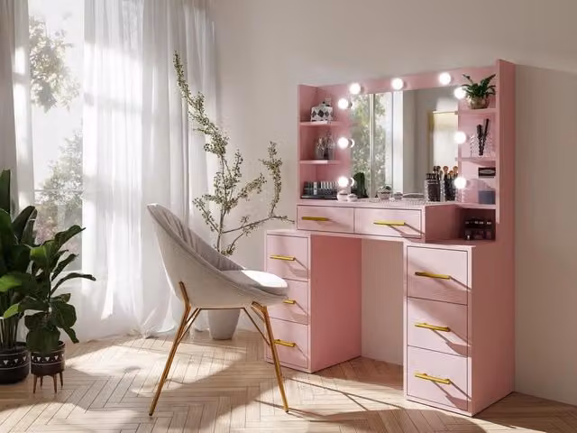 RAC3 Luxury Hollywood LED Vanity Makeup Table with Mirror and Storage Drawers in Pink