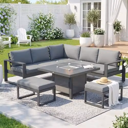 Outsunny 6-Piece Grey Powder Coated Aluminium Garden Furniture Set with L-Shape Corner Sofa, 2-Seater Sofa, Ottoman and Fire Pit Coffee Table – 8