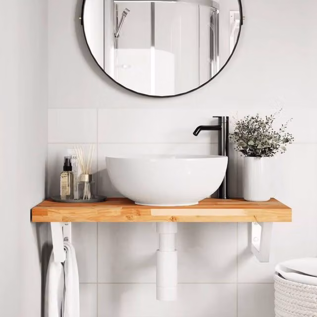 Berkfield Home Elegant Wall Mounted Basin Shelf in Brown Acacia Wood and Steel – 1