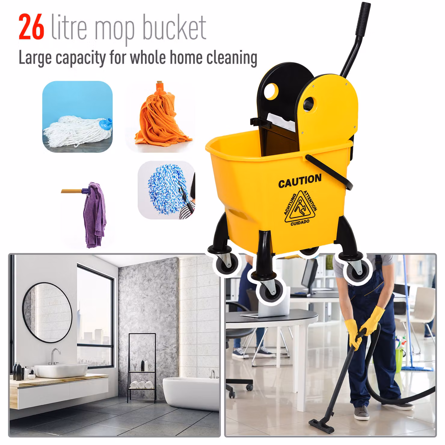 HOMCOM 26L Mop Bucket and Water Wringer with 4 Wheels, Yellow – 3