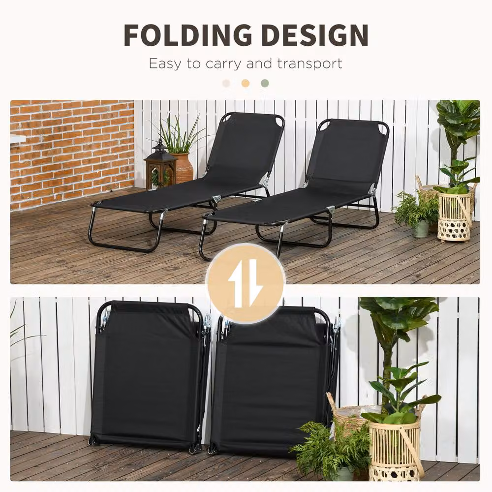 OUTSUNNY Set of 2 Folding Sun Loungers in Black with Adjustable Headrest and Textilene Fabric – 4