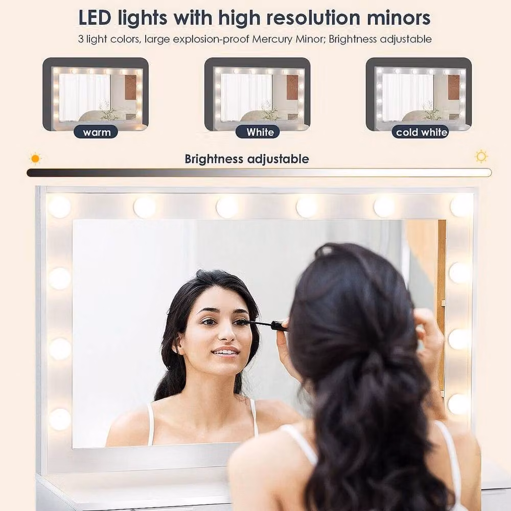 FLAVORA White Minimalist Dressing Table with Hollywood LED Mirror, Stool and Drawers, W: 100 cm, D: 15 cm – 2