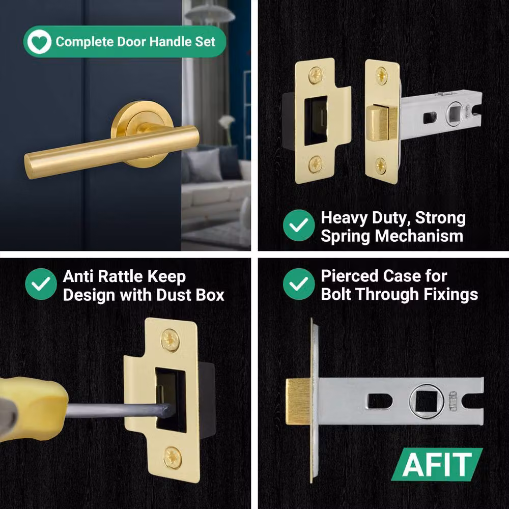 AFIT Satin Brass T-Bar Door Handle and Latch Set with Round Rose in Gold, 4 Pairs – 6