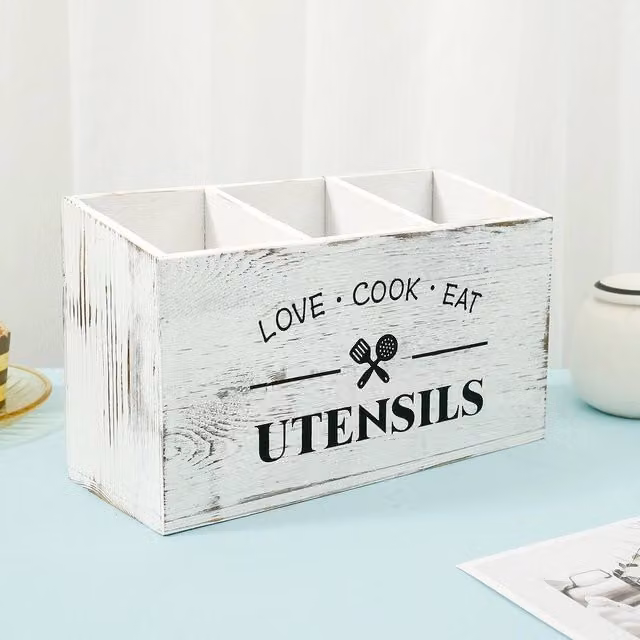 KORVIXA White Wooden Kitchen Utensil Storage Pot and Cutlery Holder with Compartments – 1
