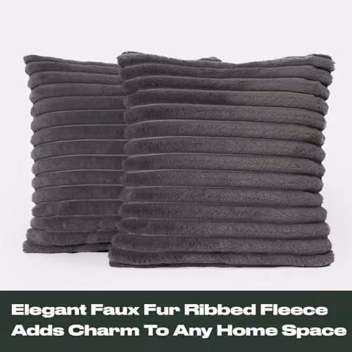 OHS Pack of 2 Charcoal Grey Faux Fur Square Throw Pillows with Removable Covers, W/D/H: 45 x 45 x 45 cm – 3