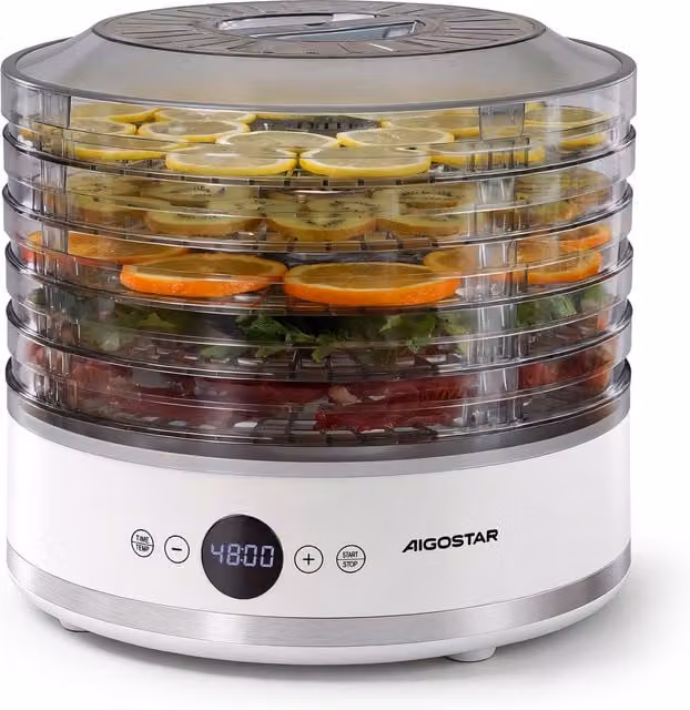 Aigostar Round Food Dehydrator with Digital Display and Timer, White