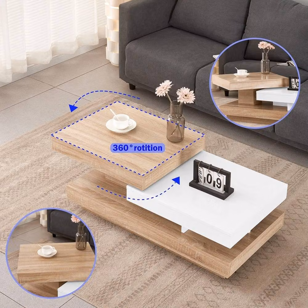 VOGREX Modern Oak Wooden Coffee Table with Rotating Top in Brown – 3