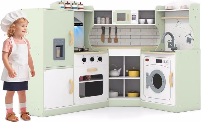 Costway Wooden Toddler Corner Play Kitchen in Green