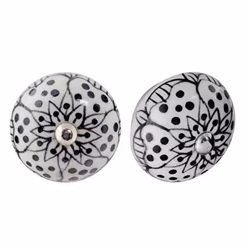 Nicola Spring Ceramic Floral Cupboard Drawer Knobs, White and Black, Pack of 6