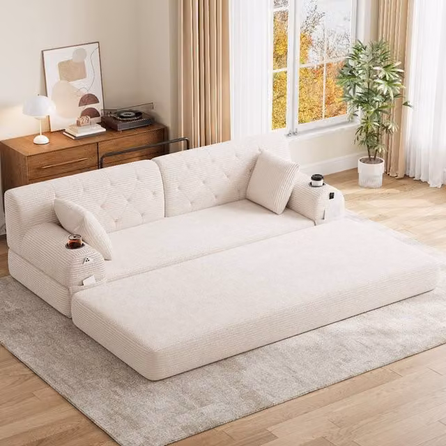 Rolipo Beige Corduroy 3-Seater Sleeper Sofa with High Back and Cup Holders