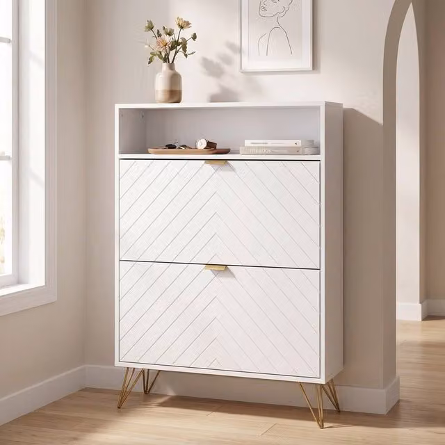 STILVORA Modern White Matt Shoe Cabinet with Integrated Seat and Tilting Compartments, W/D/H: 80 x 24 x 110 cm