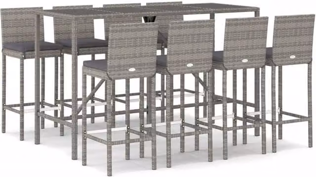 Berkfield Home 9 Piece Grey Poly Rattan Garden Bar Set with Cushions