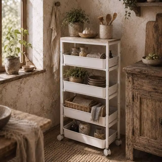 Wyld Haus Lubani White 5 Tier Slim Storage Trolley on Wheels H: 82.0 cm, W: 39.5 cm, D: 24.0 cm