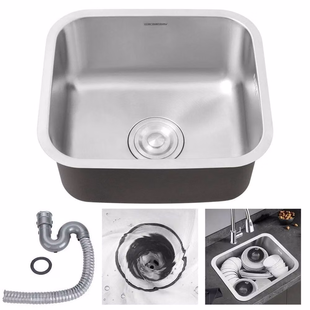 Nordara Small Single Square Undermount Kitchen Sink Basin in Silver Stainless Steel, W: 100 cm, D: 52 cm – 2