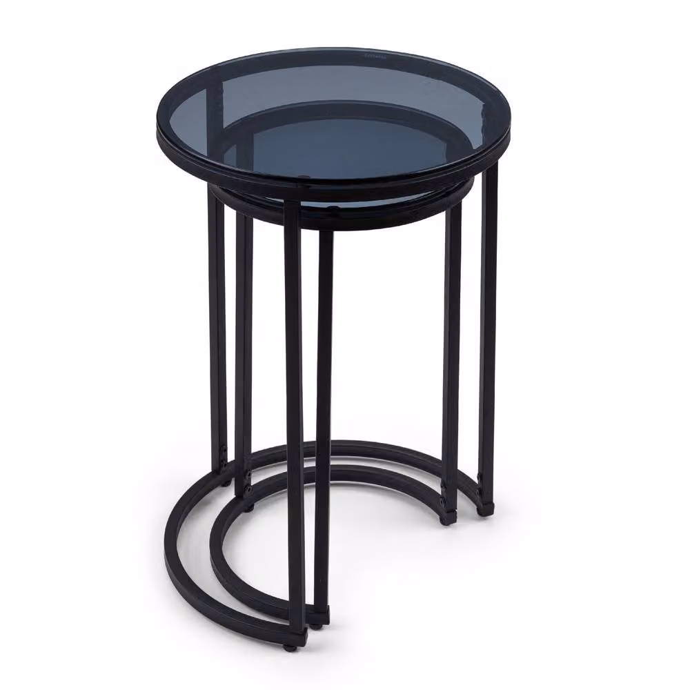Cheshire Stirling Round Nesting Side Tables in Smoked Glass and Black – 2