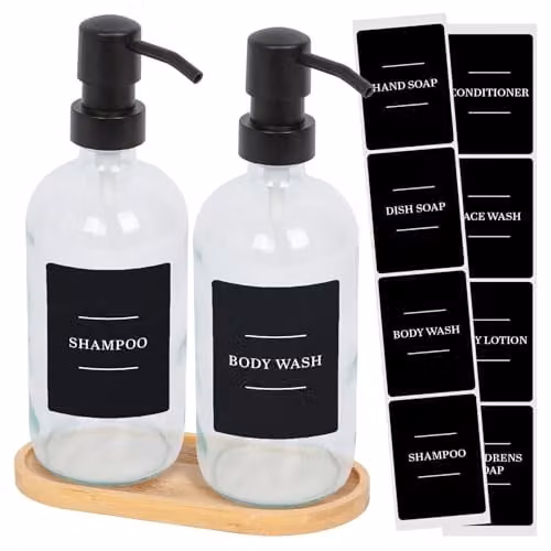 Harbour Housewares 2 Piece Glass Soap Dispenser Set with Bamboo Tray and Black Labels, 500ml, Transparent and Black