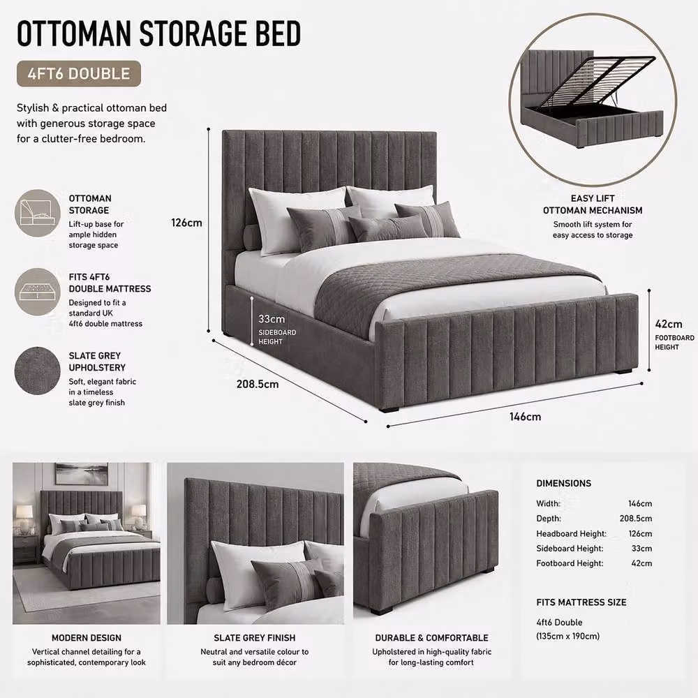 Harmin Luxury Double Ottoman Storage Bed Frame in Dark Grey Fabric, W/D/H: 140 x 200 x 146 cm – 2