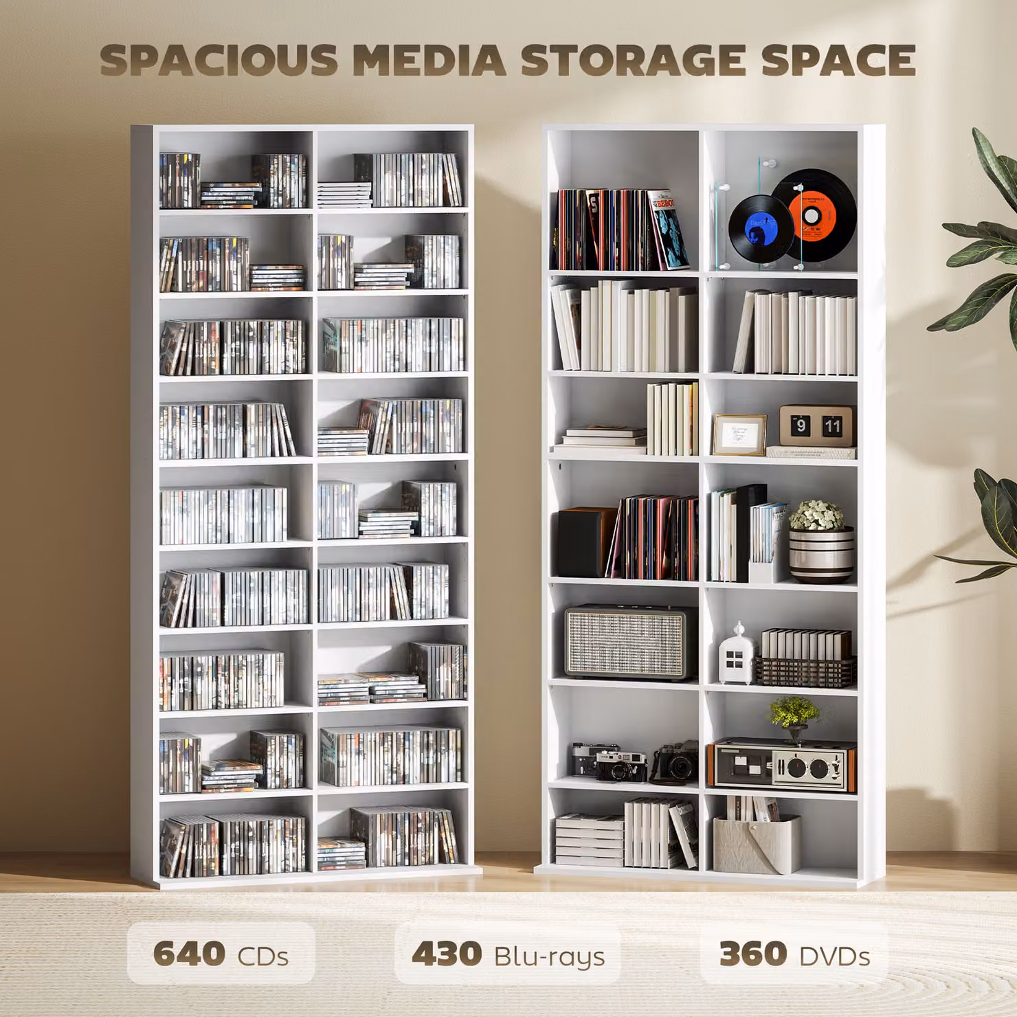 HOMCOM 640 CD Storage Tower in White with Adjustable Shelves and Media Compartments – 2