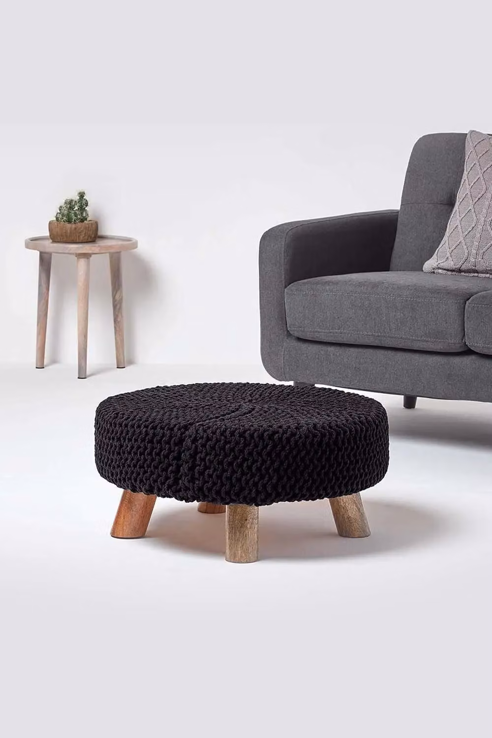 Homescapes Large Round Black Cotton Knitted Footstool with Wood Legs – 2